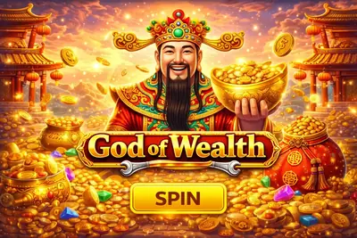 God of Wealth slot with Chinese Caishen deity, gold ingots and prosperity symbols