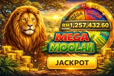 Mega Moolah progressive jackpot slot with African safari theme, wild lions and million Ringgit jackpot wheel