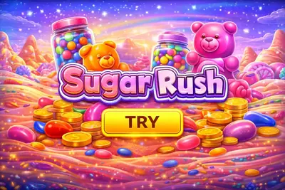 Sugar Rush candy slot game with 7x7 grid, cluster pays and cascading gummy bear symbols